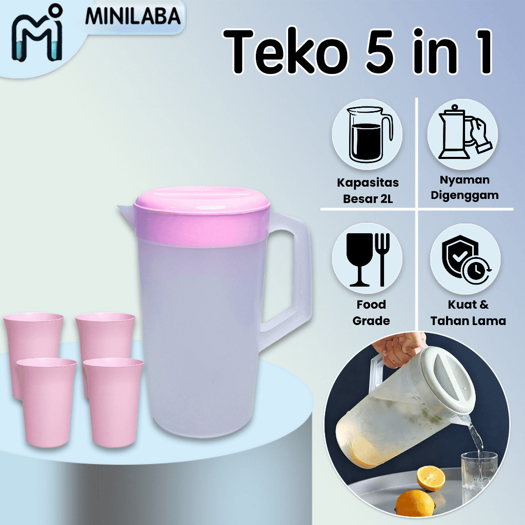 MINILABA Teko 5 In 1 Set Teko Set Plastik 5 in 1 Teko Beranak Tempat Air Minum 2 Liter Water Jug Tea