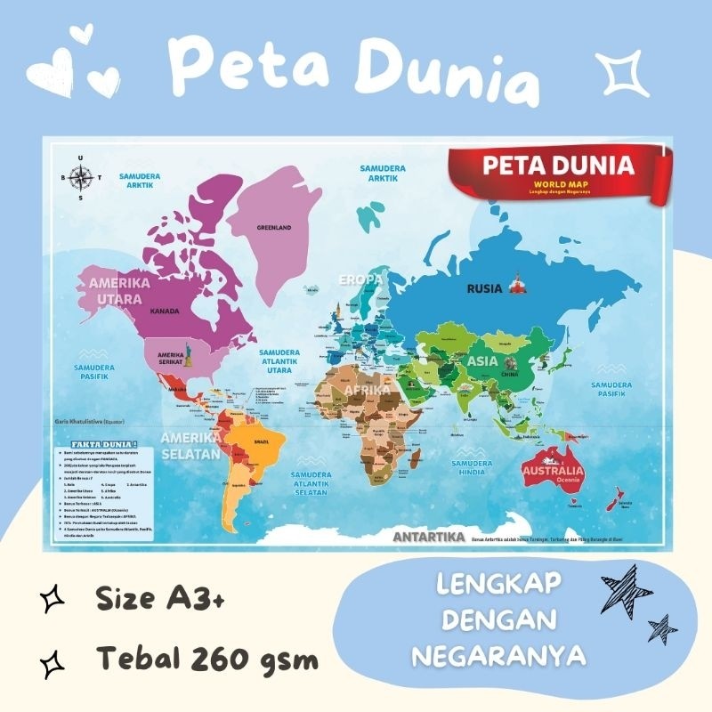 Poster Edukasi Peta Dunia Lengkap A3+ Anak SD