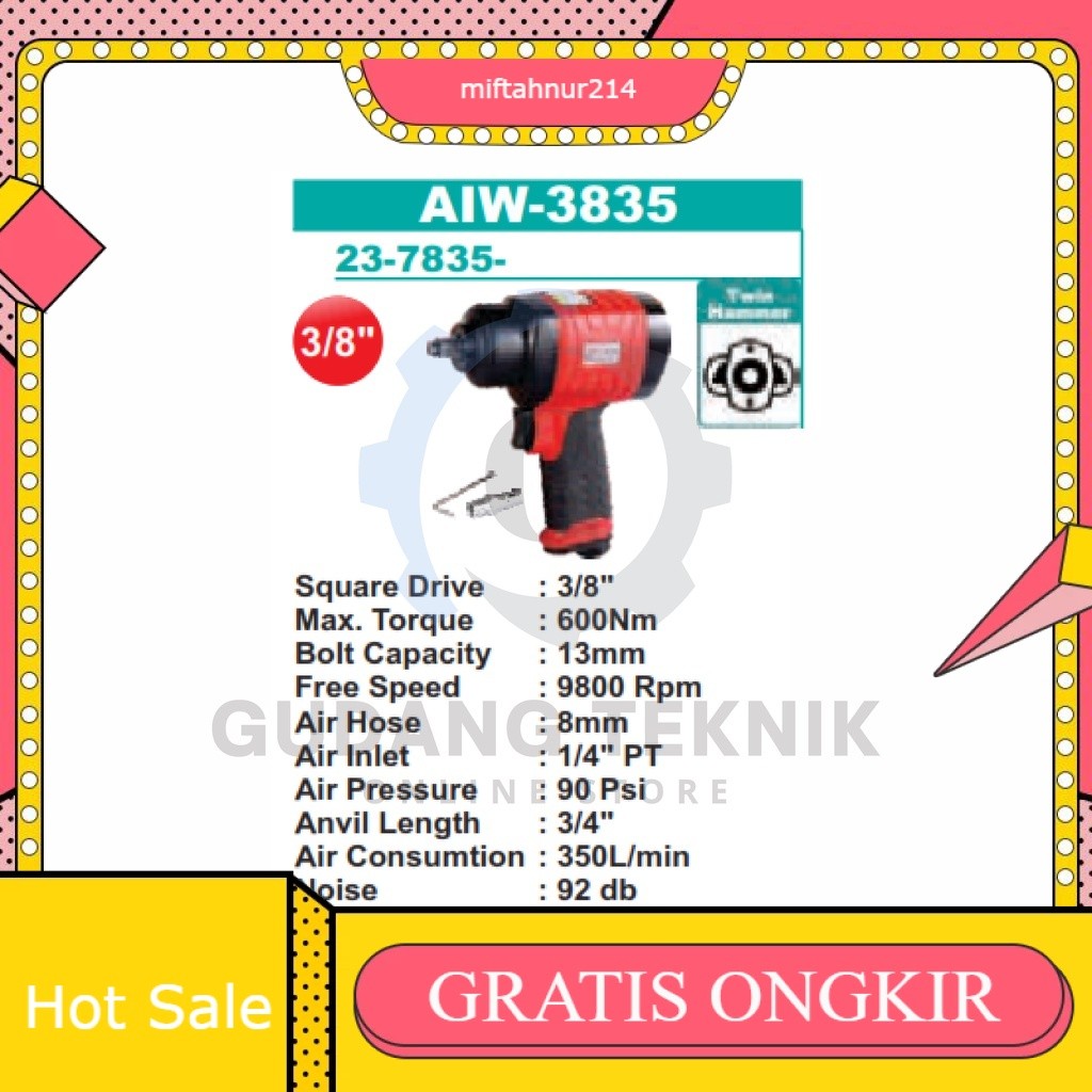Air Impact Wrench 3/8" TWIN HAMMER Motor WIPRO AIW-3835 / Alat Buka Pasang Baut Impact Wrench ANGIN 