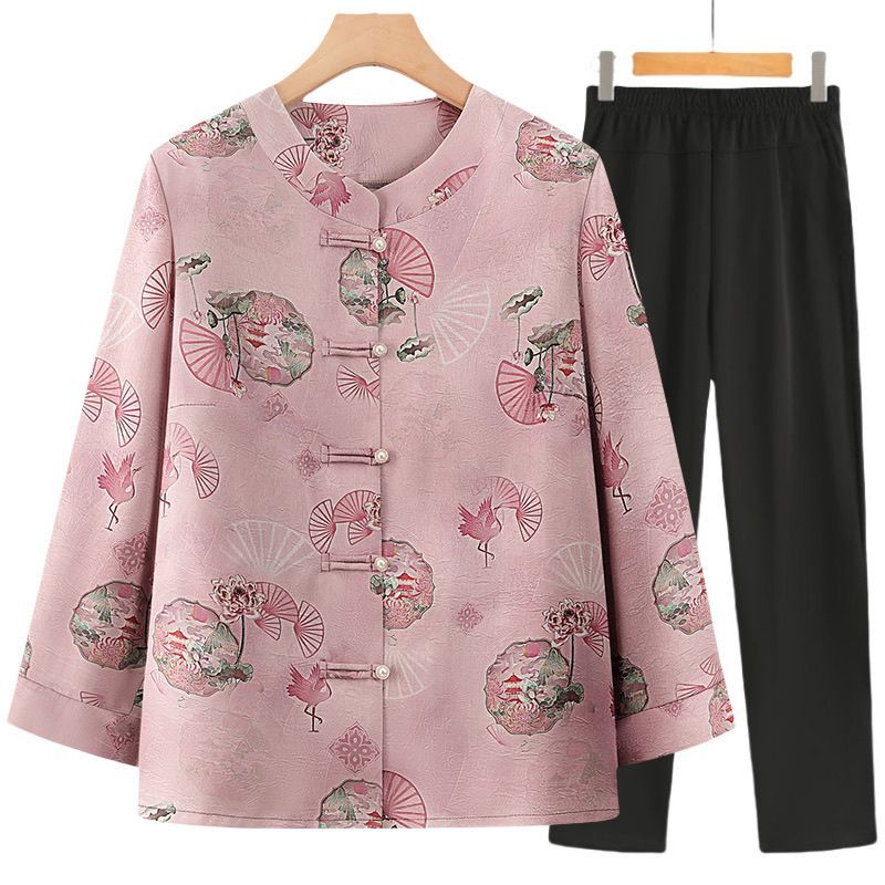 Setelan Musim Panas Nenek Pakaian Wanita Lansia Ibu Atasan 3/4 Kemeja Nenek Baju Musim Panas