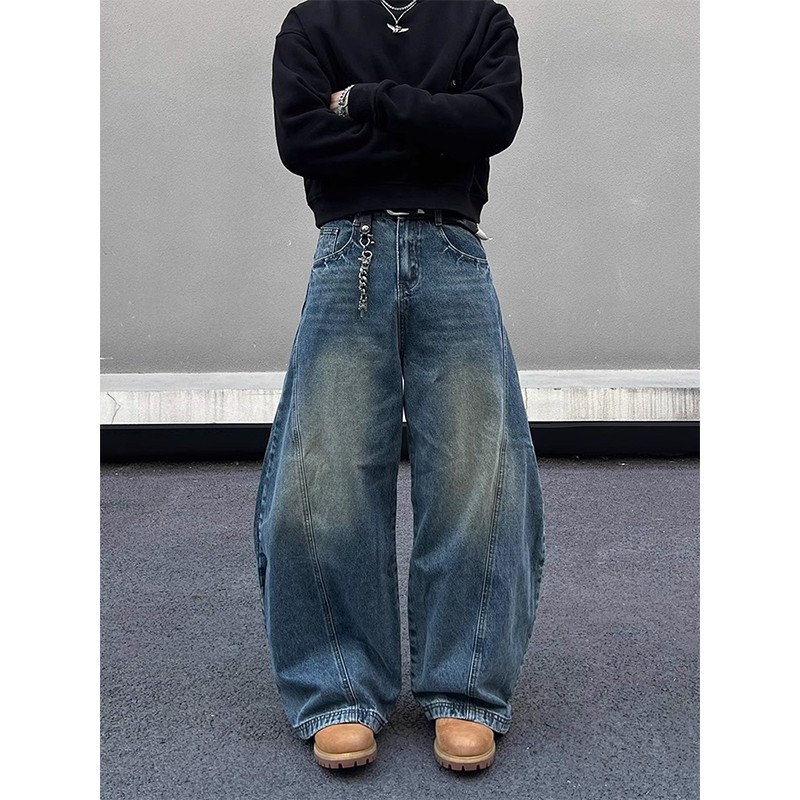 Jeans longgar biru retro Amerika untuk pria-Celana panjang lurus longgar Celana kaki lebar