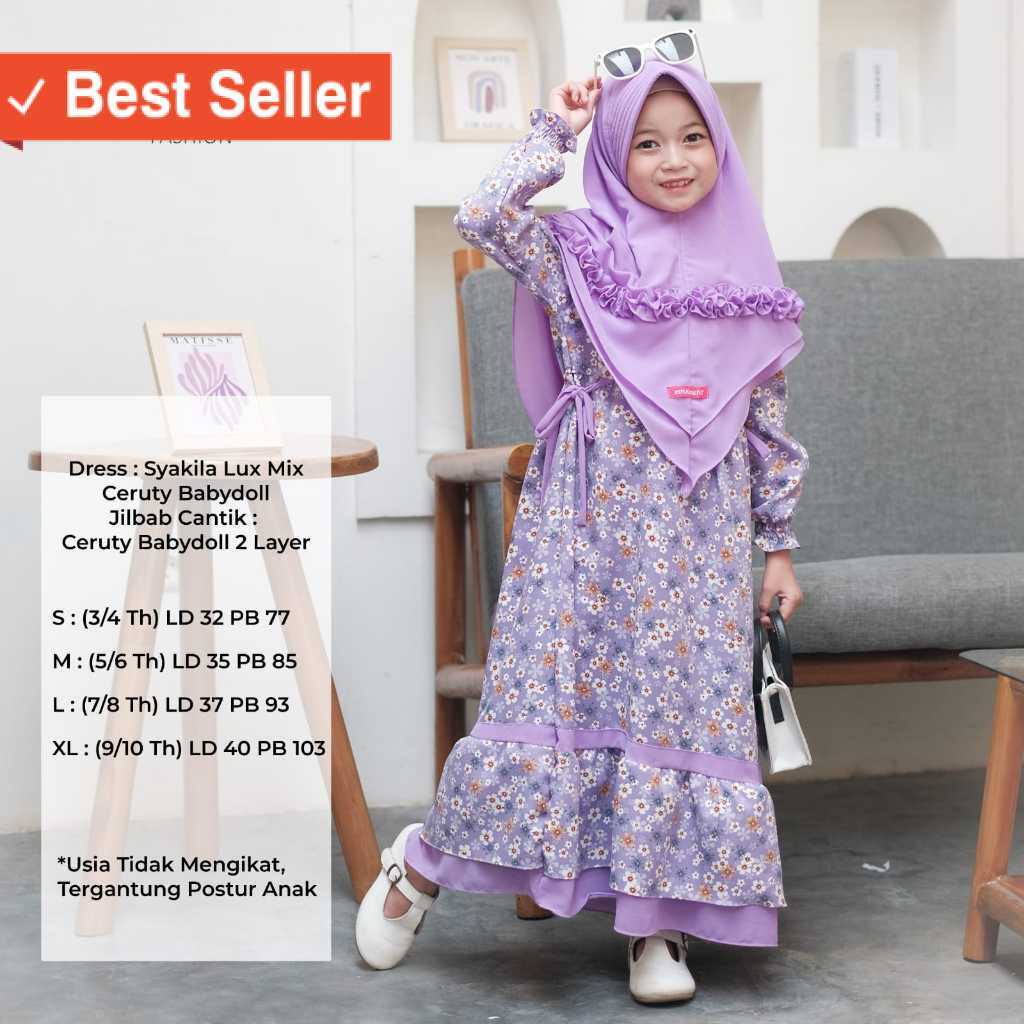 Gamis Dress Muslimah Anak Khumaero Syar'i Bahan Shakila Motif Bunga Set Plus Jilbab Ceruty Babydoll 