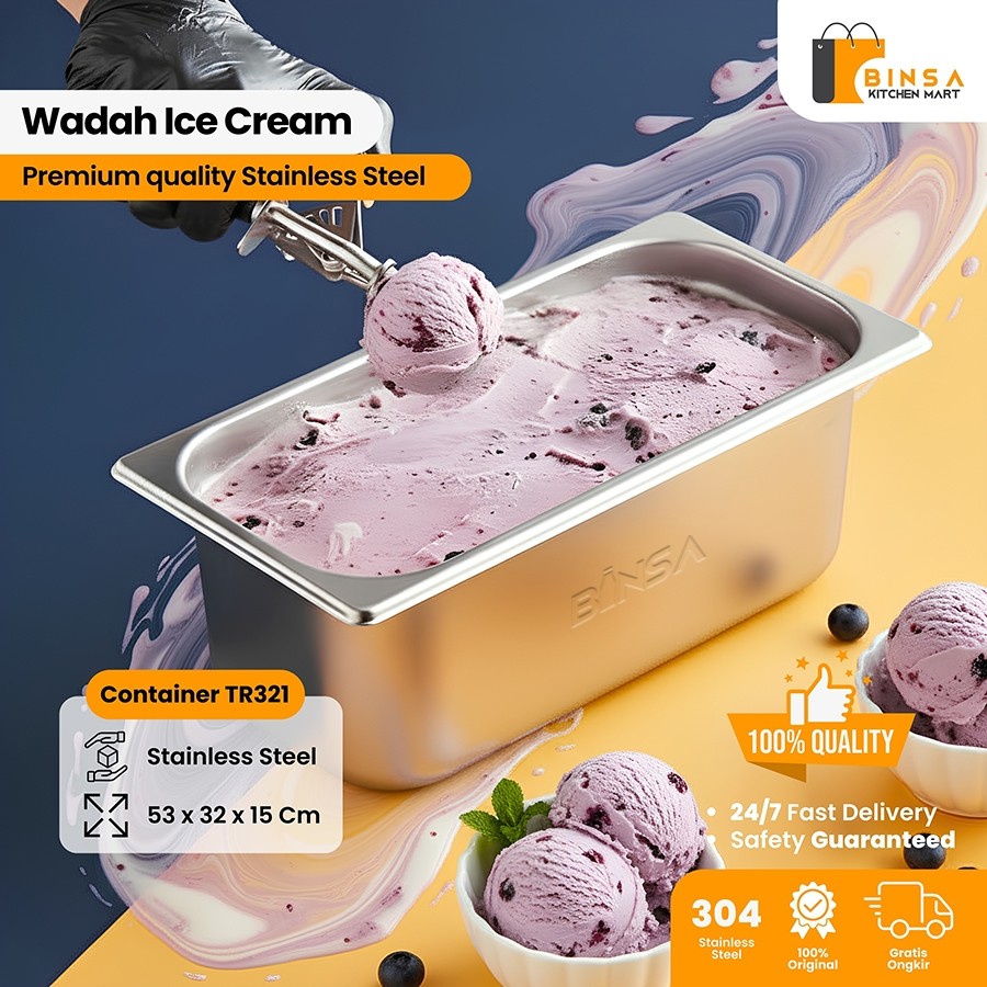 BINSA - Wadah Es Krim Stainless Persegi Panjang Tempat Gelato Display Freezer TR321