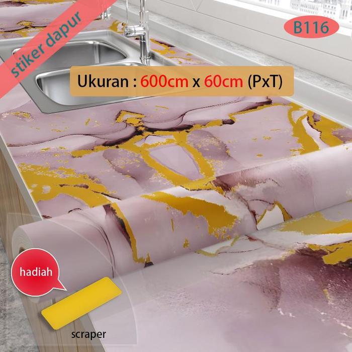 PROMO  wallpaper dinding dapur 60cm x 6m motif marmer abstrak warna pink & emas, anti minyak & air, 