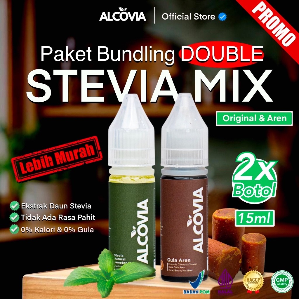 (DOUBLE MIX) Alcovia Stevia Tetes Pemanis Alami Pengganti Gula - 15ml / Ori & Aren