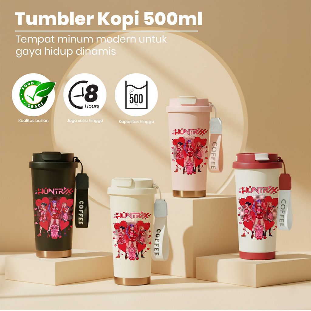 Tumbler Kopi 316 Stainless Steel Kapasitas 500ml Desain HUNTX Beragam Warna dengan Handle dan Tag 'C