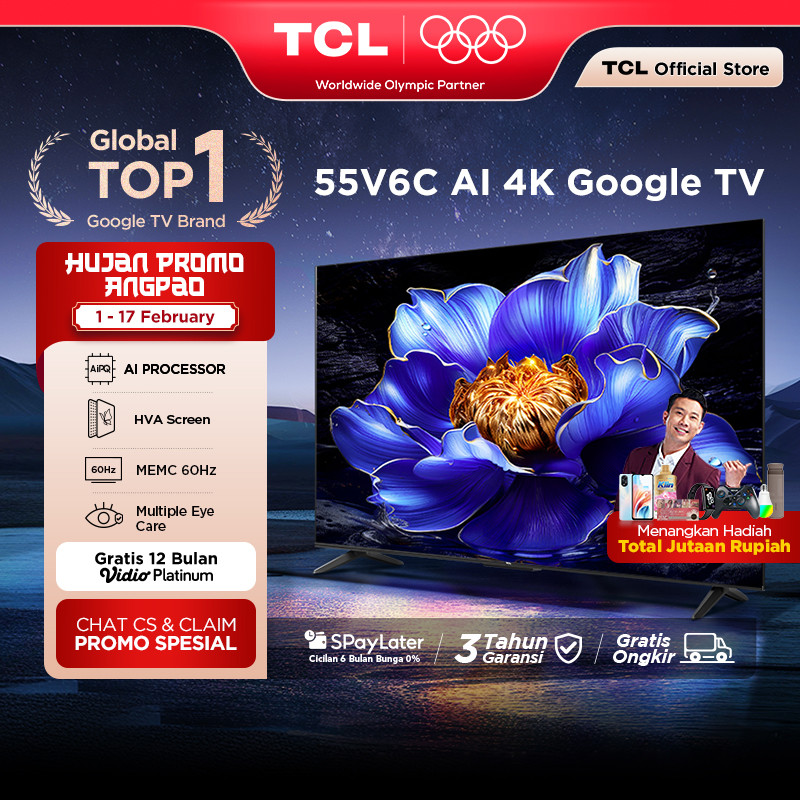 TCL AI 4K Google TV 55 inch V6C - MEMC - HDR 10 - HVA Panel - Dolby Audio - Google Play/Netflix/Yout
