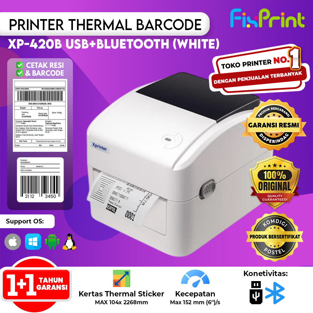 Printer Resi Thermal Xprinter XP-420B XP-423B BT-112 USB + Bluetooth Cetak Label Marketplace Online 