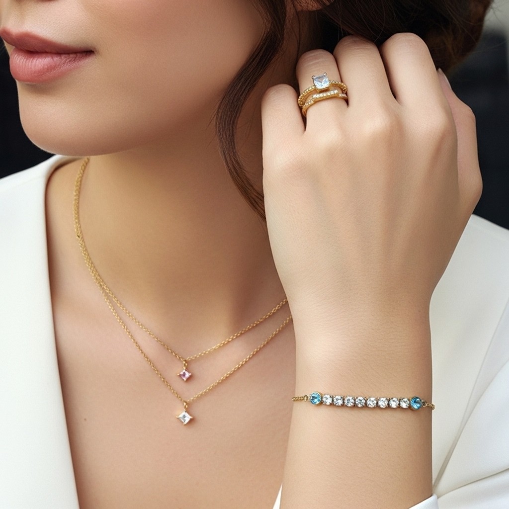 Kalung Mata Pink Putih dengan Gelang Zatya Mata Biru Putih dan Cincin 2 Ring Pita Adjustable Bahan T