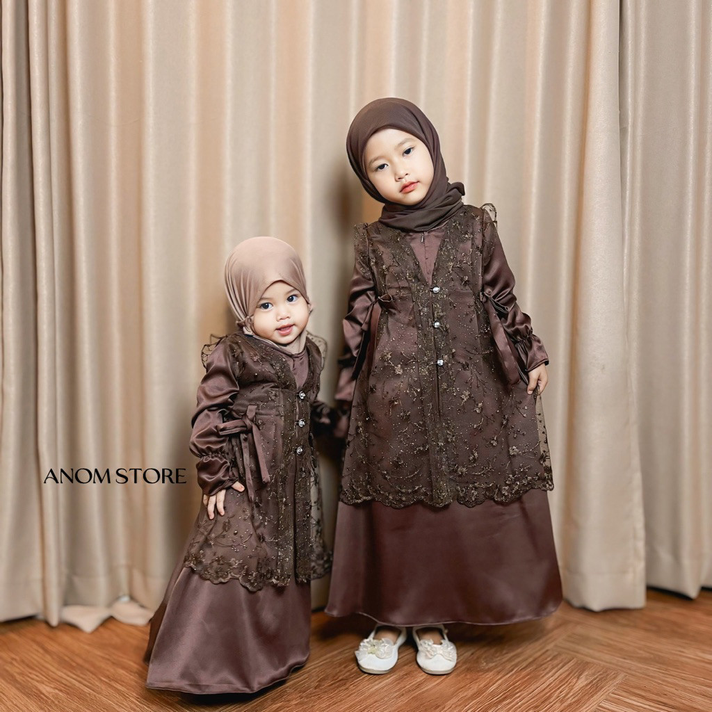 LOWESHOP Jasmine Dress Anak by anomstore - Gamis Kids Anak 1 - 9 Tahun Satin Silk Brokat Semi Outer 