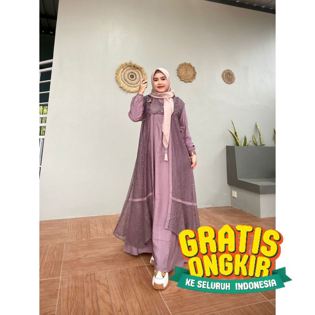 Gamis Amanda Najwa Outer Brokat Premium Mix  Rayon Twill Premium Polos- pakaian wanita lainnya