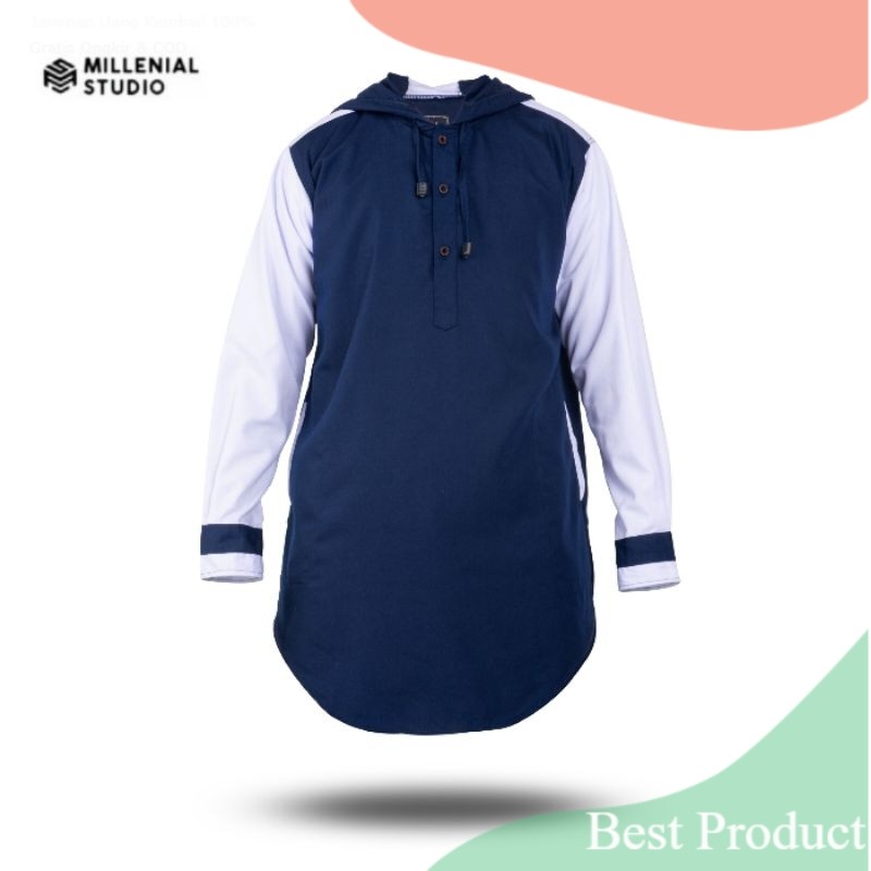 KURTA HOODIE KATUN OXFORD LENGAN PANJANG BIRU NAVY | KOKO KURTA PAKISTAN BAJU MUSLIM GAMIS PRIA DEWA