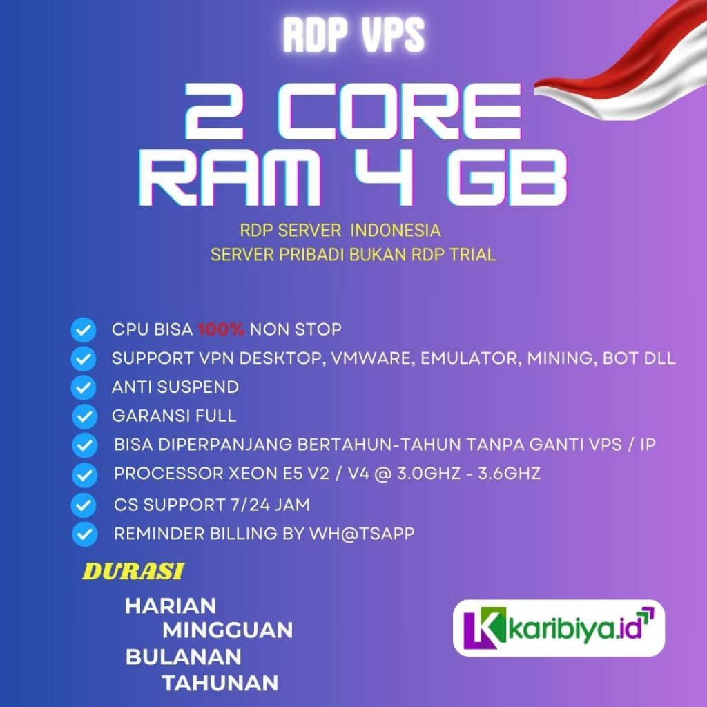 RDP VPS Indonesia 2 Core Ram 4 GB Windows Full Admin Bergaransi Anti Suspend Emulator Forex Youtube