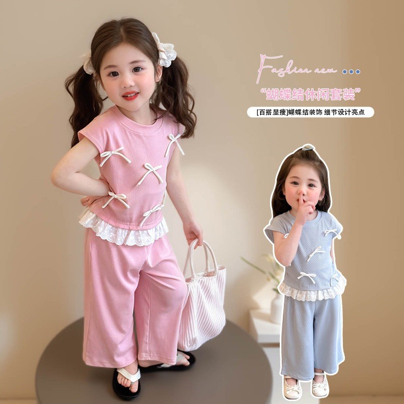 YIHAN KIDS Bow Knot Blue Ribbed Set Motif Busur Uisa1-5th/Setelan Anak Perempuan Katun Kaos T-Shirt