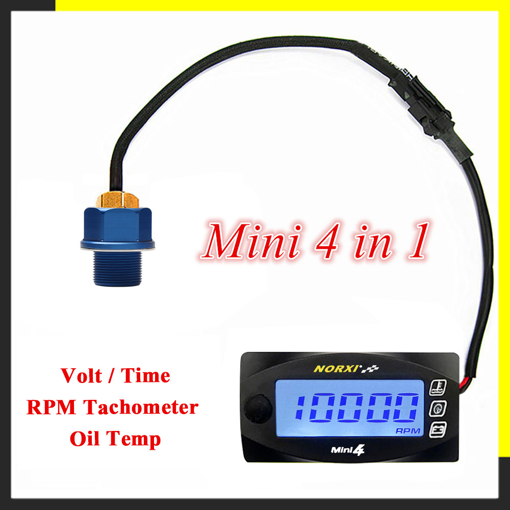 Pengukur Suhu Oli Sepeda Motor, Voltase, Waktu, RPM, Tachometer Norxi Mini 4 in 1 LED Digital Displa