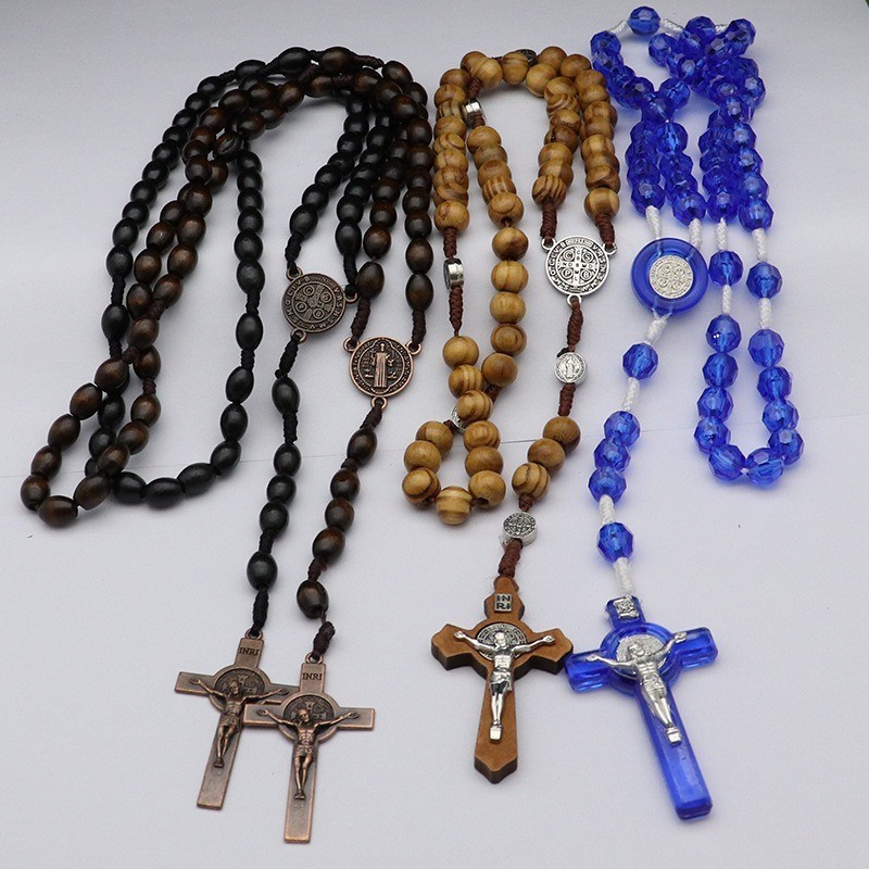 Bahan Rosario Kayu Kalung Salib Souvenir Katolik Manik Bulat Perhiasan Kalung Rosario