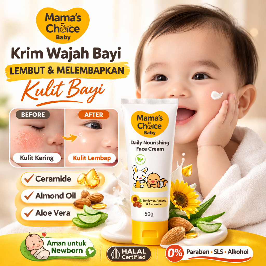Mama's Choice Krim Wajah Bayi – Atasi Ruam & Kulit Kering Bayi, Pelembap Ceramide Almond Oil, Baby M