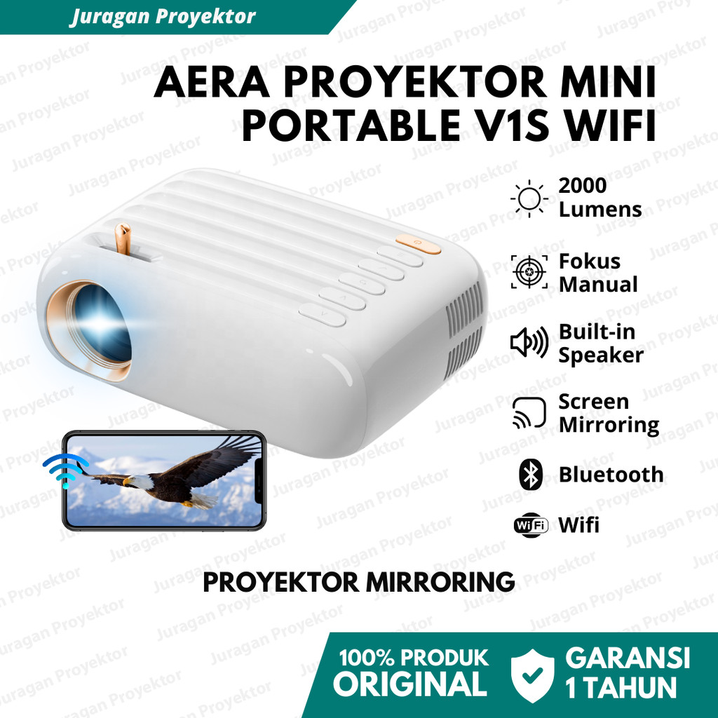 Aera Proyektor V1S Wifi Proyektor Mini Portable Full HD 1080P Mirroring HP Proyektor Wifi Bluetooth 