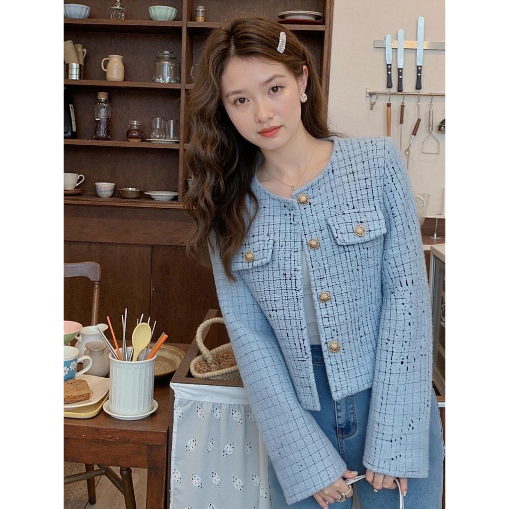 Meirong baju blazer tweed biru muda wanita premium kekinian import crop top lengan panjang outer leb