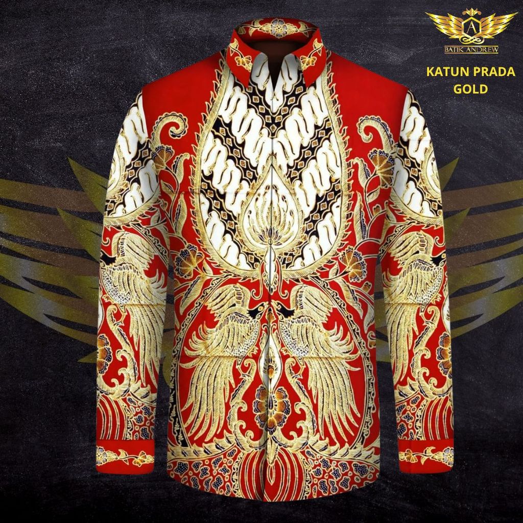 KATUN TULIS POLA PRADA TINTA EMAS MOTIF 16 BAHAN KAIN BATIK TULIS BURUNG KLASIK MERAH