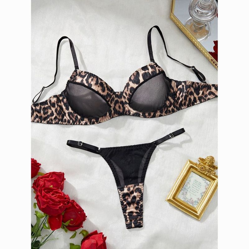 LadyAllure COD Set Bra Wanita Sexy Leopard Lace Push Up Kawat 3/4 Cup Ultra Tipis Lingerie Set Motif