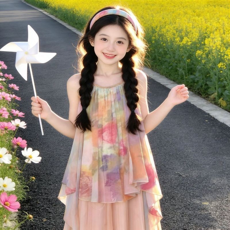 Gaun Musim Panas Anak Perempuan Gaun Bunga Anak Gaun Tank Pink