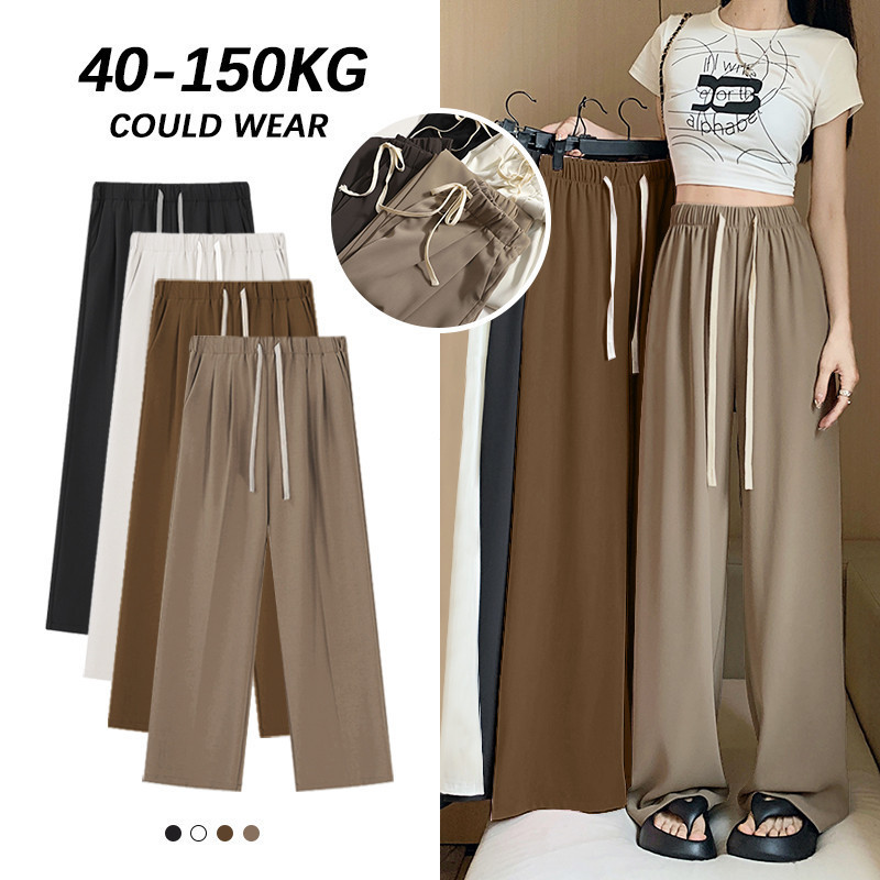 [Ukuran Besar] (BB 40-150kg) Celana Kulot Musim Panas Oversize, Pinggang Tinggi Tali Serut, Bawahan 