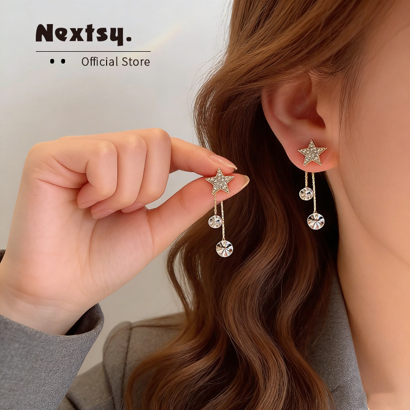 Anting Wanita Tindik Bintang Rumbai Zirkon - Elegan Casual Simple Korean Style Titanium Anting Rumba