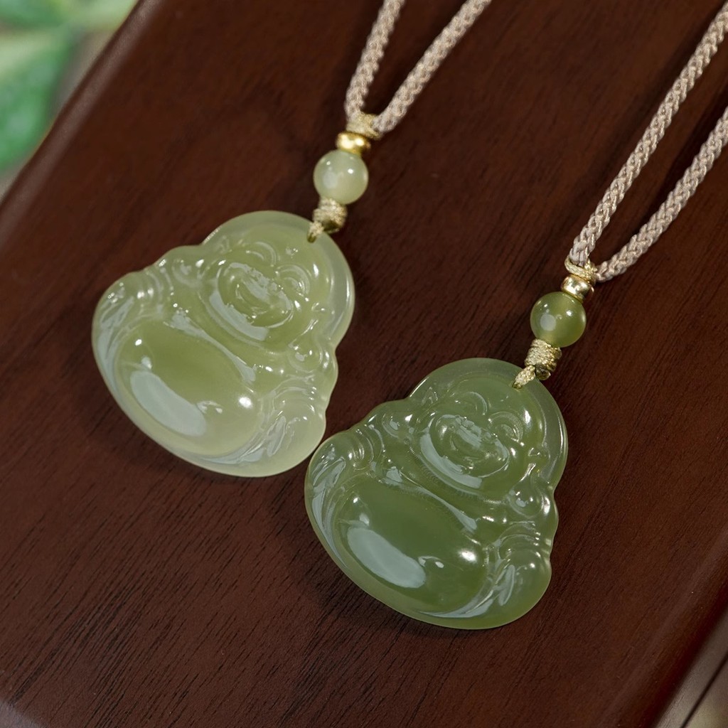 Liontin Buddha Giok Hetian Qingshui Alami, Kalung Giok Buddha Perut Besar