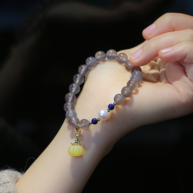 Batu akik abu-abu alami, labu topaz, mutiara air tawar, gelang lapis lazuli lingkar tangan 8MM 14-16