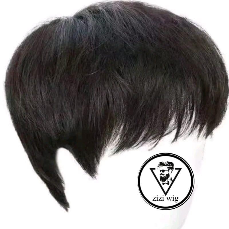 Wig Full Rambut Palsu Model Pria Korea Wig Pria Rambut Palsu Rambut Pendek Warna Hitam Model Cowok K