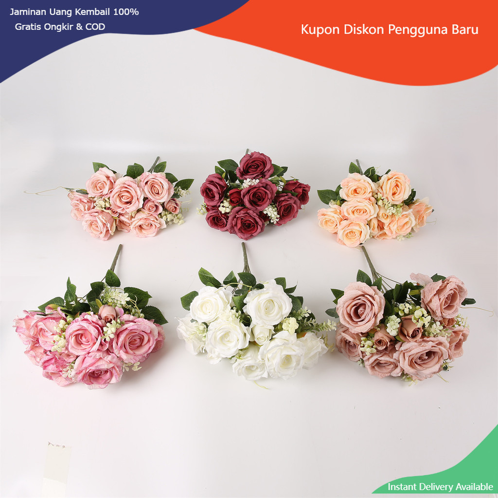 Bunga Buatan Buket Mawar Sutra Sentuhan Asli 12 Kepala Bunga Palsu Dekorasi Pesta Rumah Buket untuk 