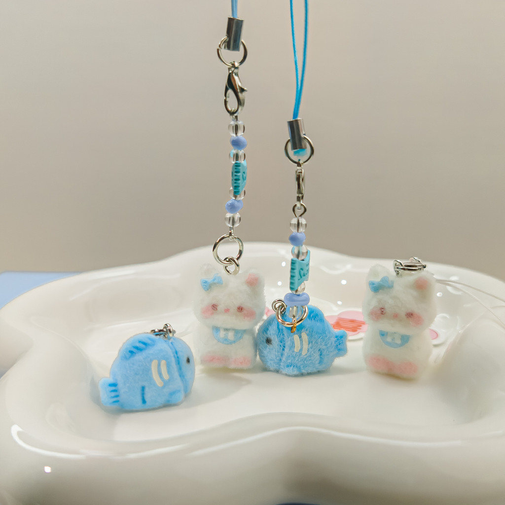 Gantungan Kunci Kucing Makan Ikan 3D Resin, Gantungan Tas & Tali HP Lucu