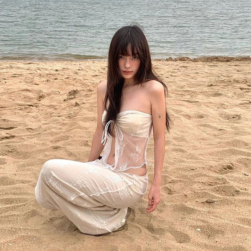 [Yunrouju]Setelan bikini tiga potong polos, bergaya manis dan sexy dengan gaun transparan.
