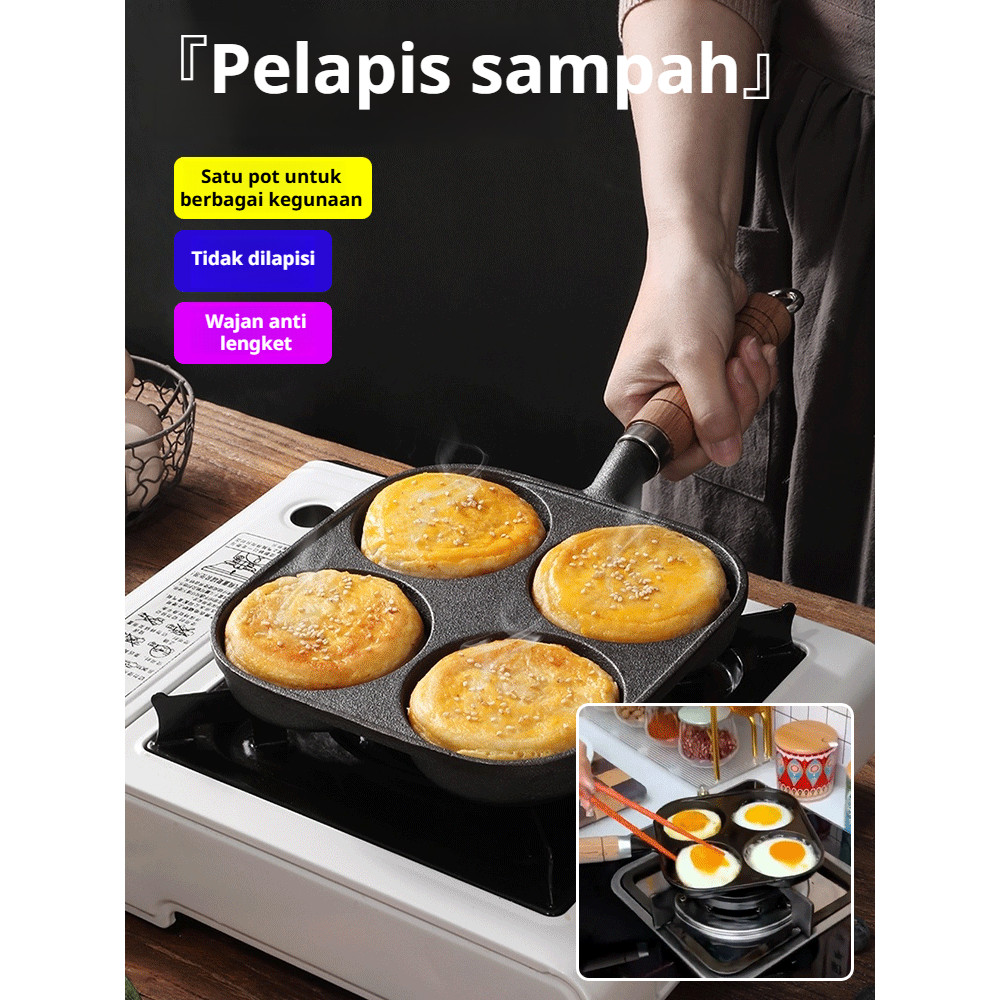 Tahan Lama & Anti Lengket  Wajan Besi Cor 4 Lubang Dalam Anti Lengket Tahan Panas / Wajan Besi Cor /