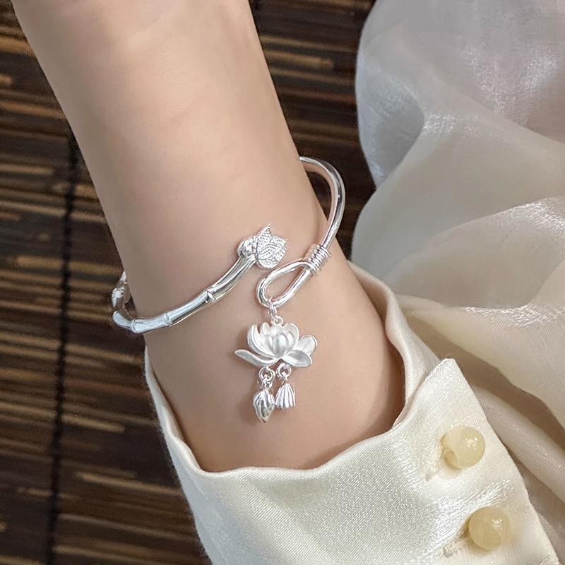 [Cinta Mewah][COD] Gelang Perak Lotus untuk Wanita, Sambungan Bambu Perak Sterling