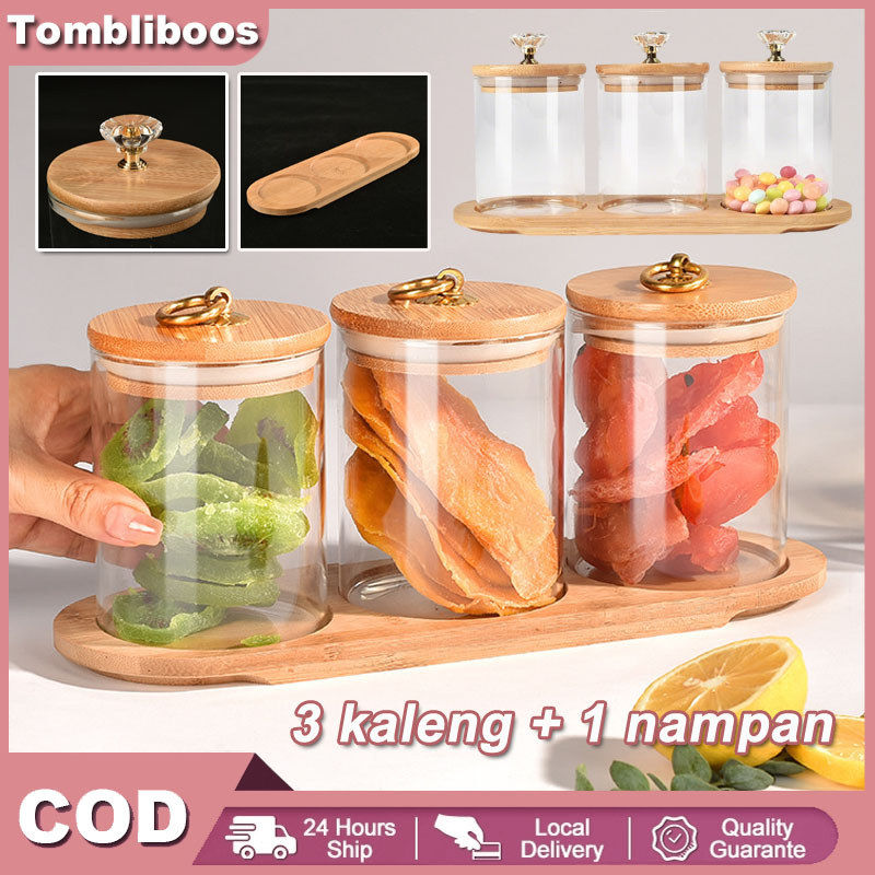 Toples Kaca Diamond 4in1 Dengan Nampan Kayu / Tempat Bumbu / Candy Jar