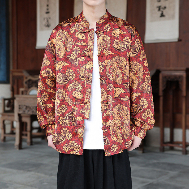 Baju Tang Gaya Cina Baru untuk Pria, Kemeja Cetak Gaya Retro