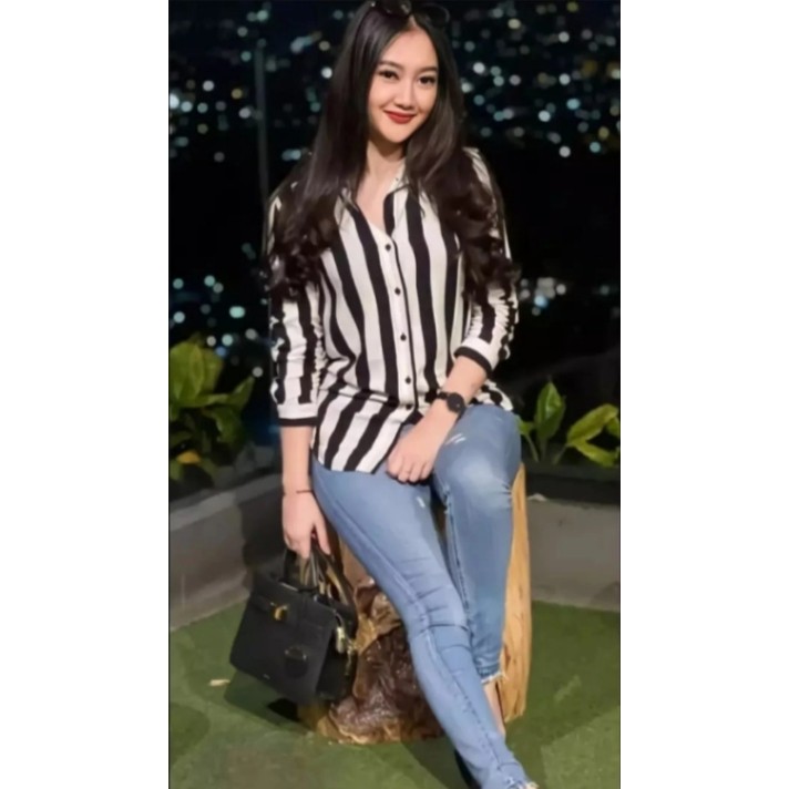 Atasan wanita motif garis garis/kemeja salur wanita/atasan wanita lengan panjang/kemeja wanita jumbo