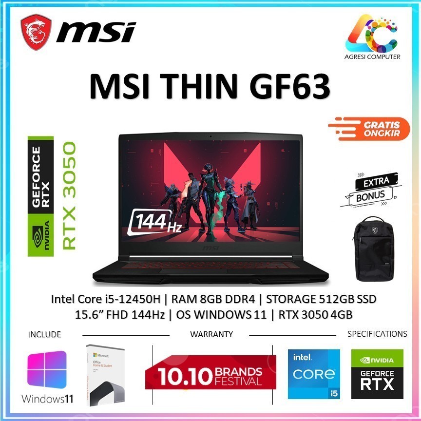 laptop RTX 3050TI Msi Thin GF63 11UC i7-11800H  Ram 16GB 512GB Ssd 15.6" Fhd 144Hz Win 11