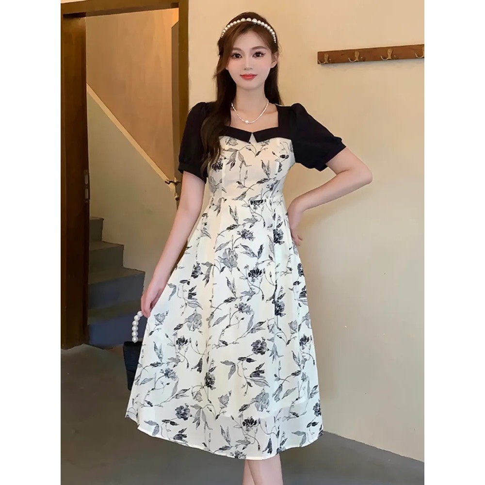Long Dress Hitam Bunga Lengan Pendek Dress Lebaran Natal Wanita Kekinian Korea Style Terbaru 2026 Ga
