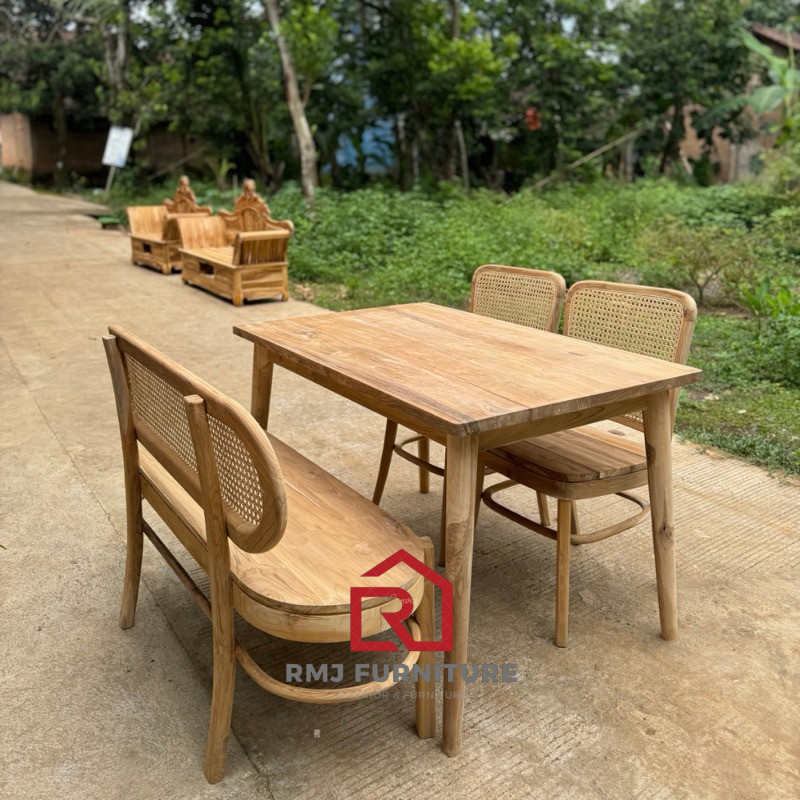 SET SET MEJA MAKAN KAYU JATI NON FINISHING GRADE A, DINING SET TOP TABLE 3CM, KURSI MAKAN ROTAN MINI