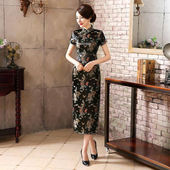 Gaun Cheongsam Imlek Wanita Dewasa Baju Chinese Cheong Sam Phoenix CNY - Merah, S       garasamart