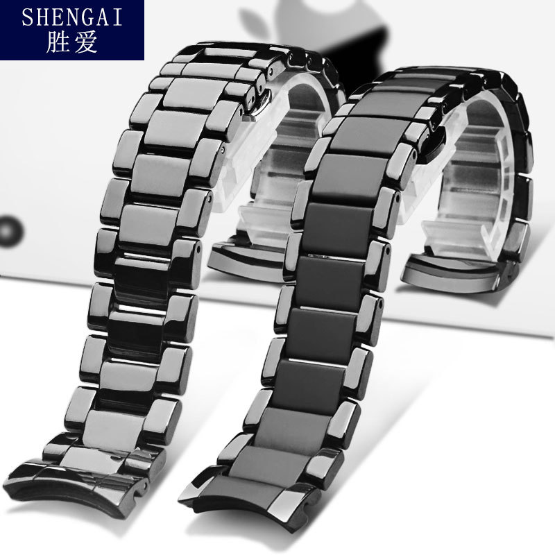 Curved Interface Ceramics Anti-Allergy Watchbands for Armani Ar1451/1452 Men Black 2448 Double Press