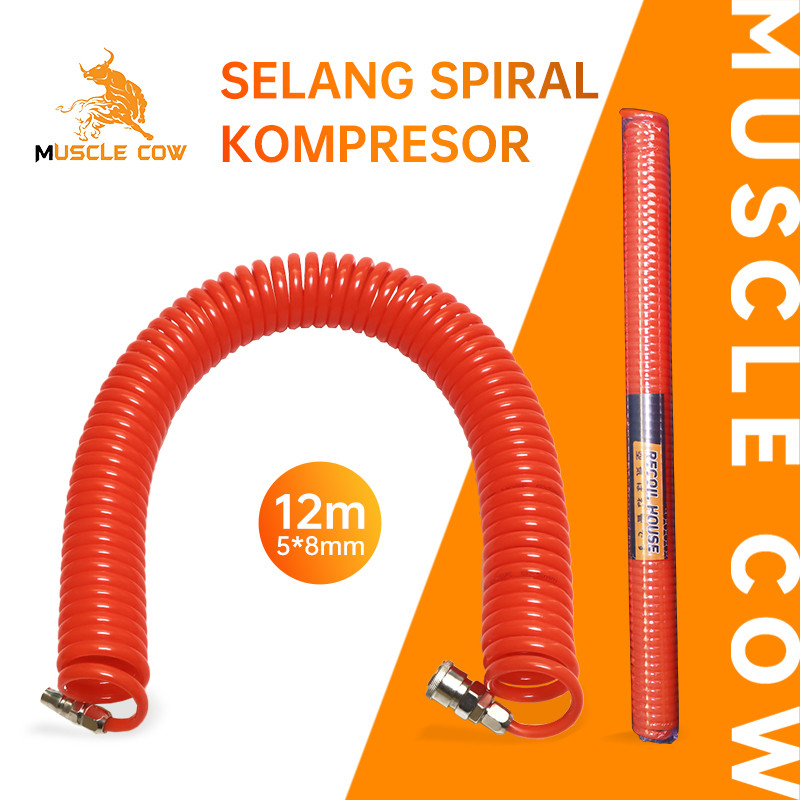 MUSCLE COW Selang Spiral Kompresor Udara PE 12m 5x8mm – Selang Angin Lentur dengan Konektor