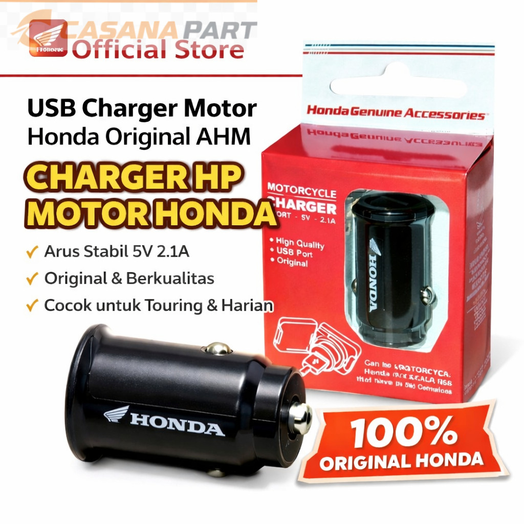 USB Charger Mobil dan Motor Honda Original AHM 5V 2.1A | Charger HP Motor Honda Genuine Accessories 