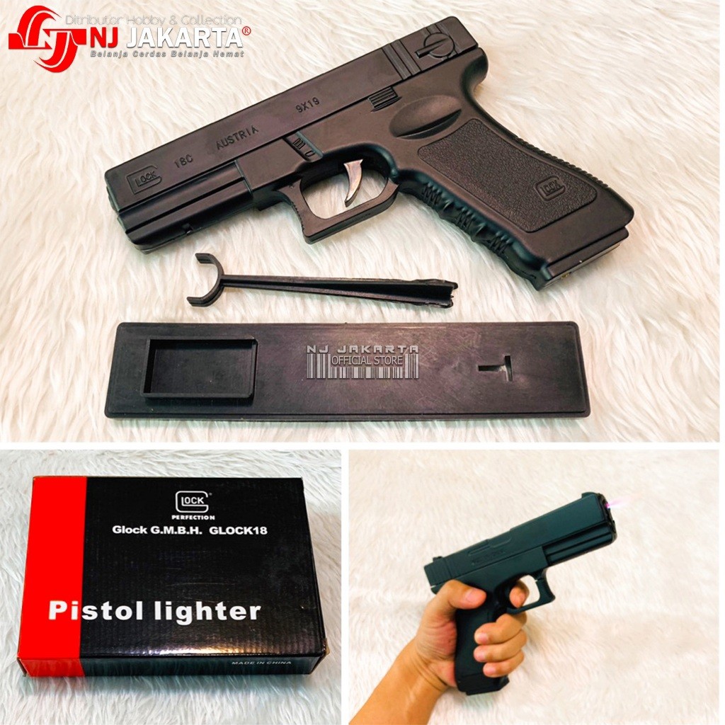 KOREK API MODEL PISTOL GLOK ISI ULANG GAS UKURAN BESAR PAKET STAND PAJANGAN MEJA