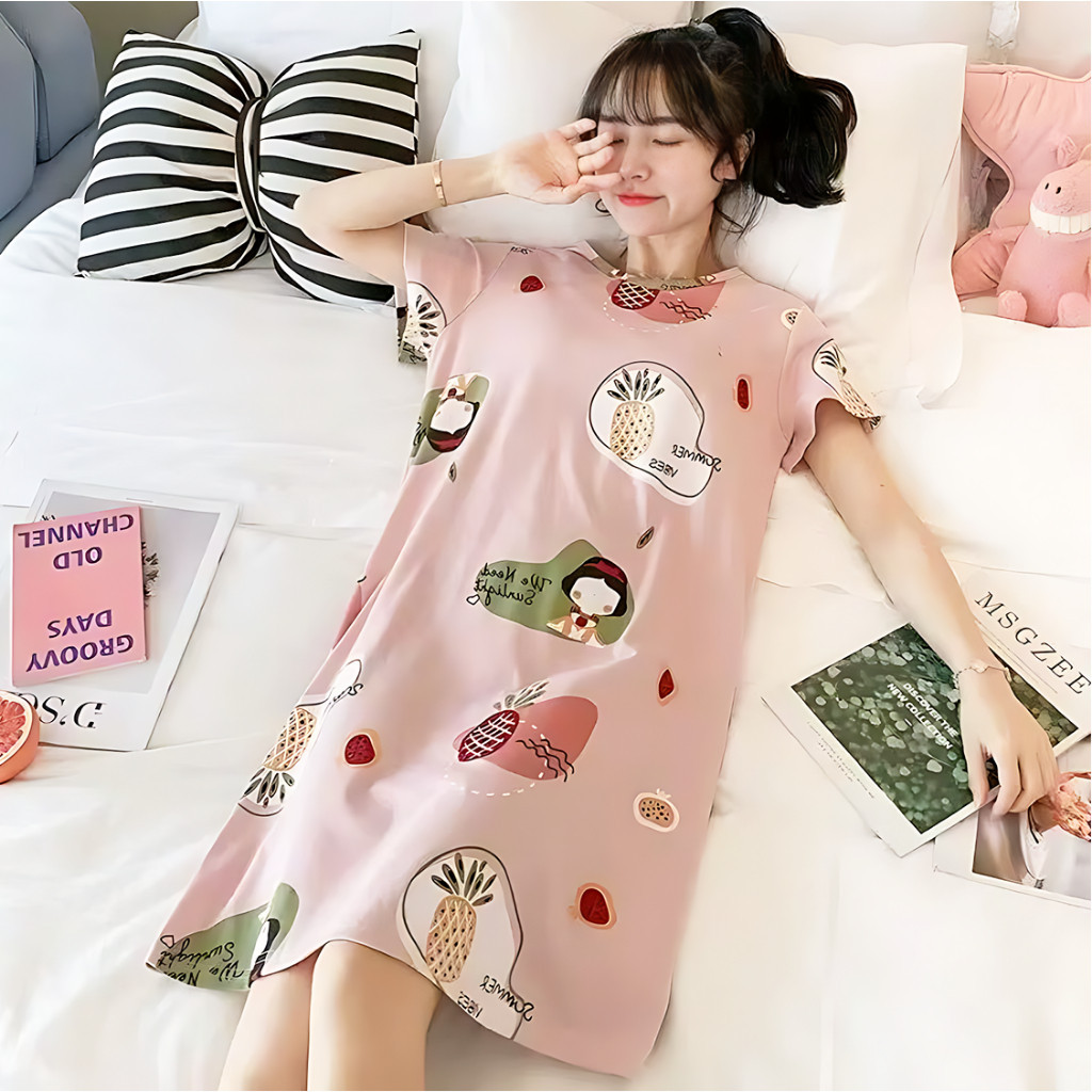 Baju Tidur Wanita Jumbo Gaya Korea Lengan pendek Panjang rok selutut Gaun tidur Katun Nyaman
