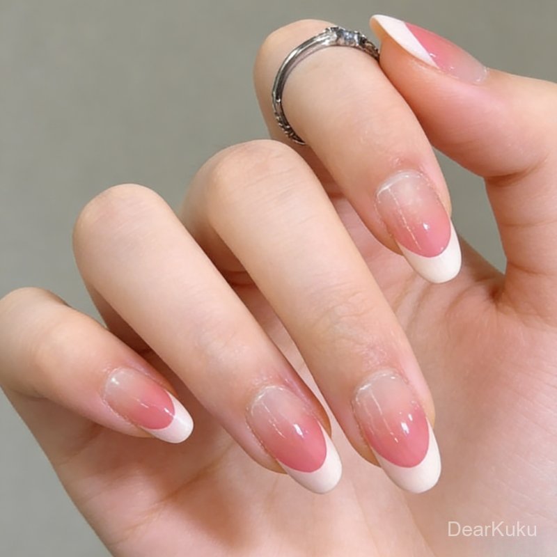 Pink French | Kuku Palsu Cat Eye Pendek Oval Almond Gratis Lem Kucing Mata Premium