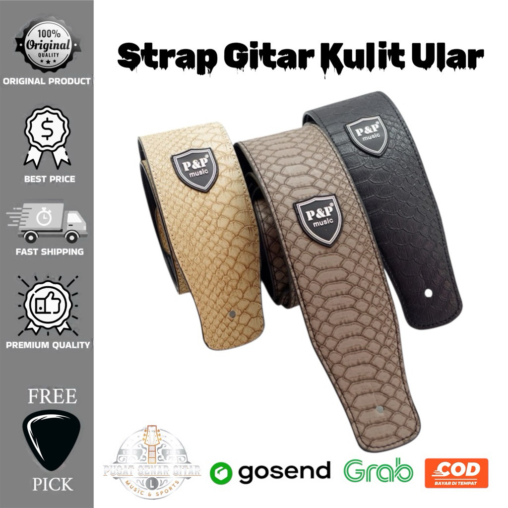 (bunnie teknik) Strap Gitar Kulit Premium Motif Ular Gratis Pick Gitar